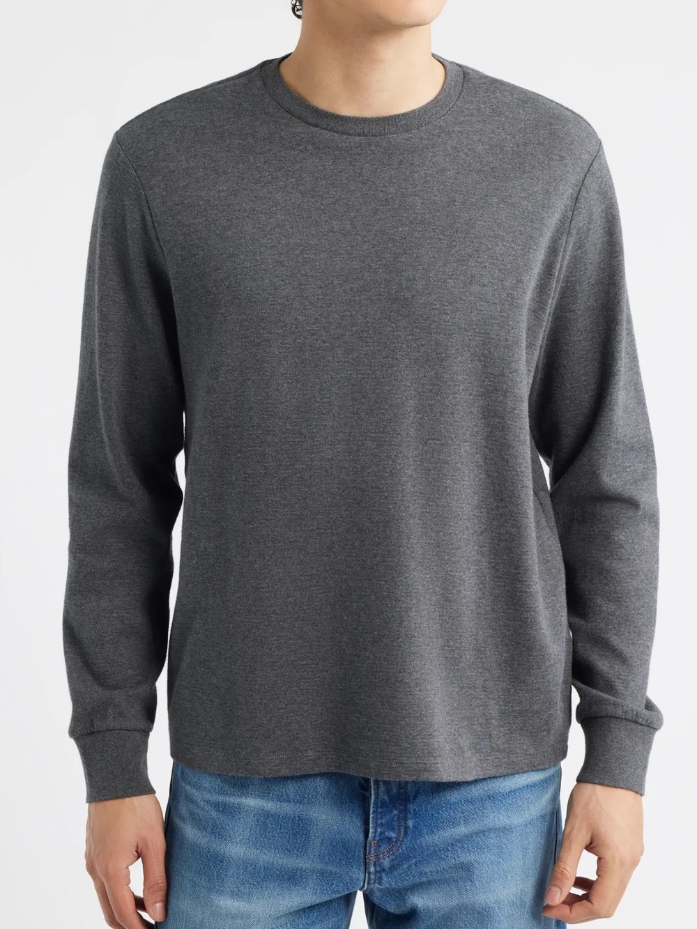 FRAME Men’s Duo Fold 100% Cotton Crewneck Long Sleeve Top in Cement Gray Size M